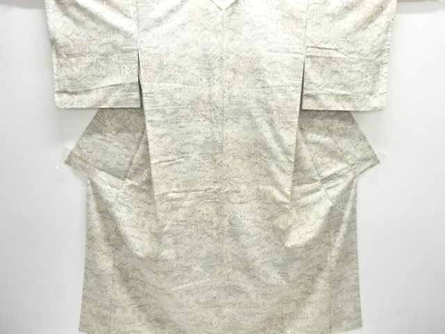 JAPANESE KIMONO / ANTIQUE KIMONO / SILK / TSUMUGI / WOVEN SCENERY OF TEMPLE